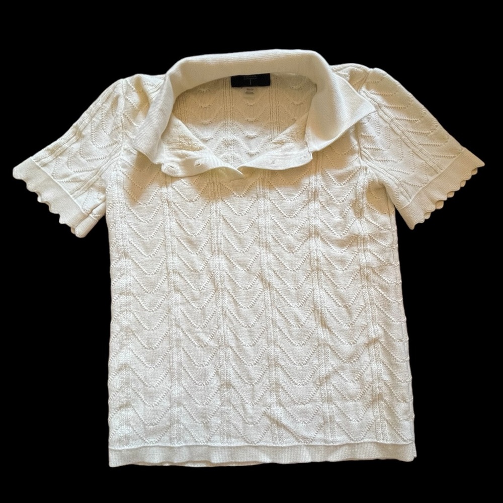 Cream Cable Knit Button Polo with Scalloped Sleeves